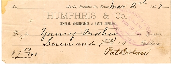 1892 Check Bearing the Rare Signature of the Texas Lawman - Pat Dolan