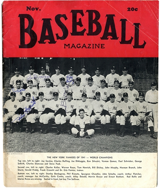 1941 World Series Champions! Cover Signed By Yankees Joe DiMaggio, Lefty Gomez, Charlie Keller, Bill Dickey, & Phil Rizzuto on the November 1941 Baseball Magazine cover