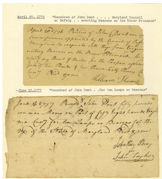 George Washington’s “Superlative Villain” Signs a Receipt for Beacons for Use on the Potomac River at the Start of the Revolutionary War, evocative of Paul Revere's, one if by land, two if by sea