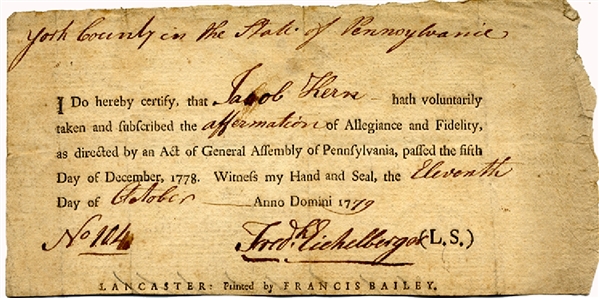 Pennsylvania Revolutionary War Loyalty Oath