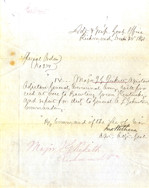 Major Pickett is Ordered to General Johnston