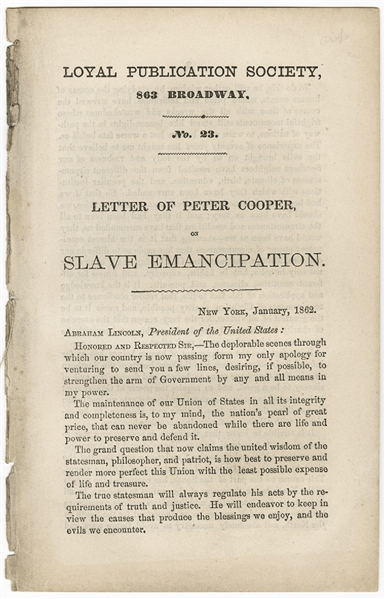 Peter Cooper’s Letter to Lincoln Regarding Emancipation