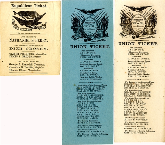 Trio of Northern States 1864 Union Ticket Governor Campaign Ballots.