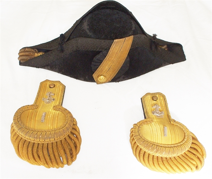 U.S Naval Officer's Full Dress Epaulettes, Fore-and-Aft Hat, in the Original Enameled Case,