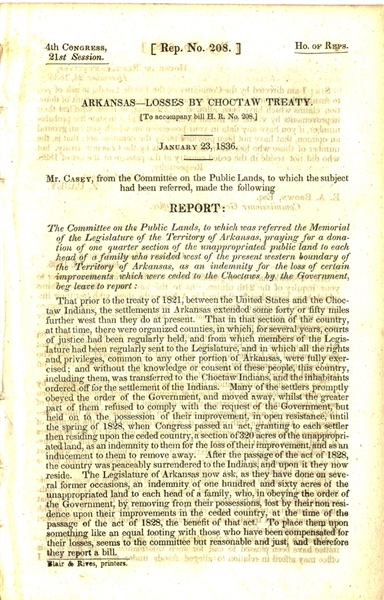 1836 REPORT RE PUBLIC LANDS CHOCTAW TREATY & EARLY COMM. ON INDIAN AFFAIRS 1845