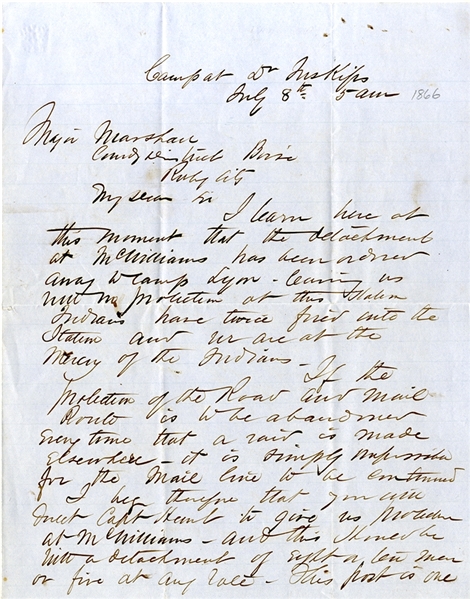 American Explorer and Soldier John Mullan Writes a Letter in 1866 About Indian Attacks and the Threat to his Stagecoach Line