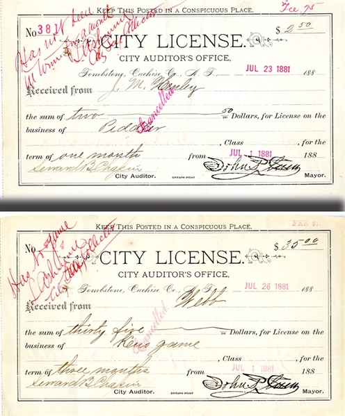 A Pair of 1881 Tombstone City Business Licenses