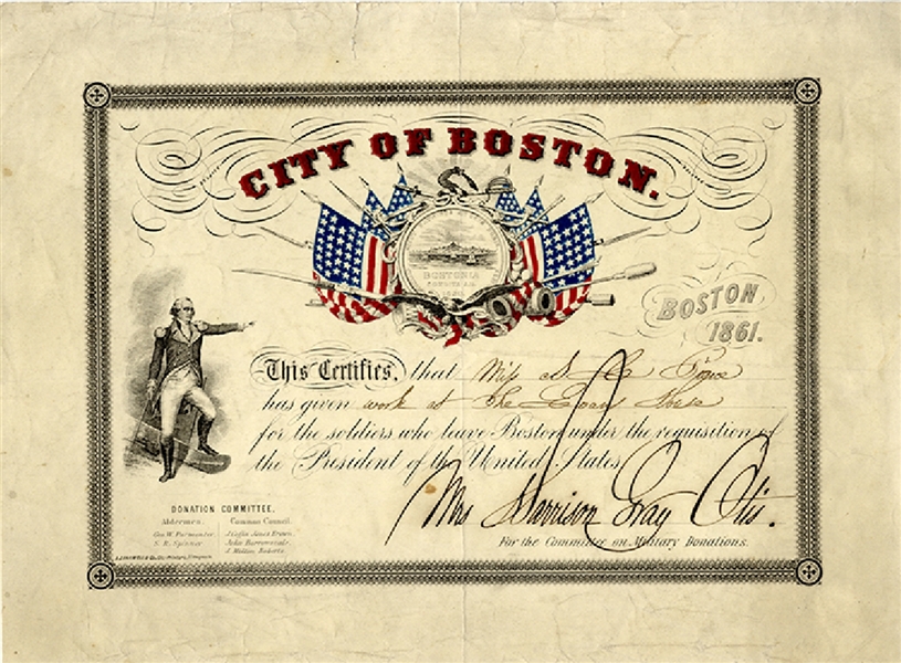 Colorful 1861 City of Boston Committee on Military Donations Certificate.