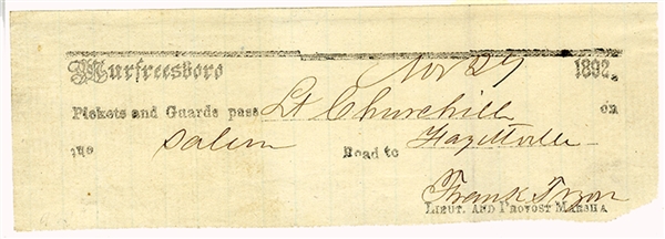 Scarce Field Printed Murfreesboro Pass Signed by 2nd Kentucky Lt. Mortally Wounded at the Battle of Murfeesboro 