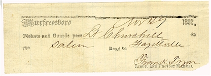 Scarce Field Printed Murfreesboro Pass Signed by 2nd Kentucky Lt. Mortally Wounded at the Battle of Murfeesboro 
