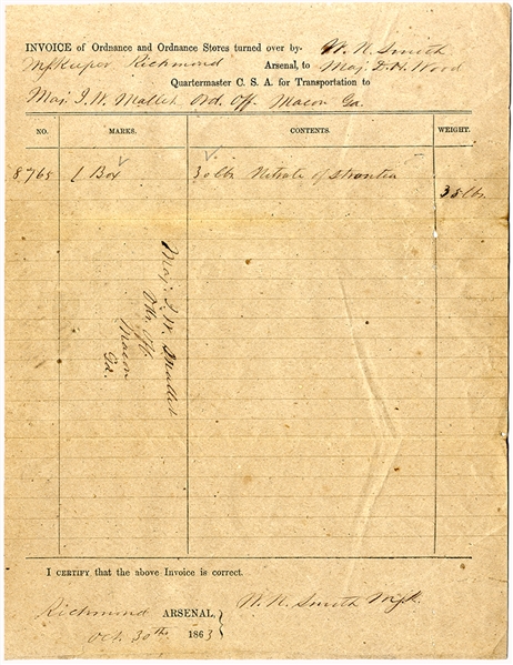 Richmond Arsenal Document Signed by John William Mallet at the Confederate States Central Laboratory in Macon, Ga. 