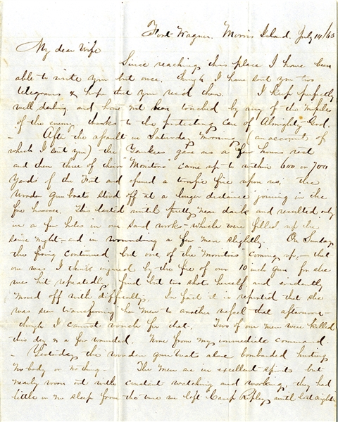 Confederate Colonel of the 1st Georgia Infantry Writes from Fort Wagner with Content on Shelling by Monitors