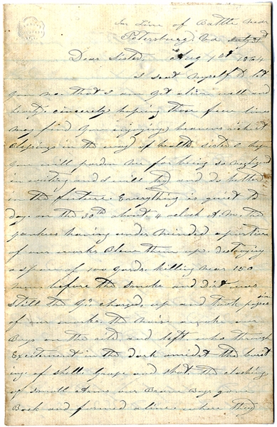 Outstanding Battle of the Crater Letter by a Member of the 48th Georgia Infantry with Content on Killing Negroes and Yanks in Hand to Hand Combat