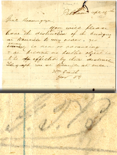 War Date telegram by Governor Smith to Beauregard with the General's Initials
