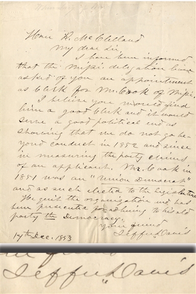Good Political Content Jefferson Davis Autograph Letter Signed as Secretary of War