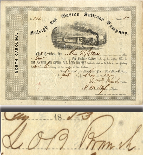 Railroad Stock Signed by General Lawrence O’Bryan Branch