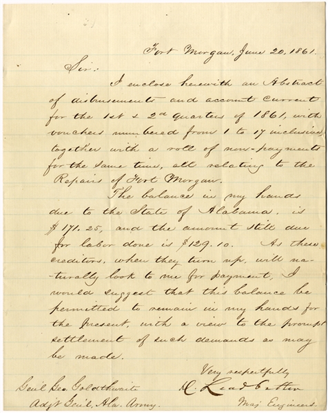 Rare Confederate General Danville Leadbetter Letter On Repairs To Fort Morgan, Alabama