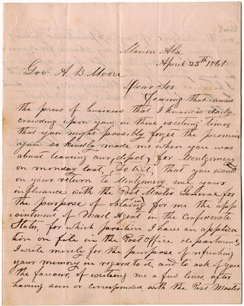 An Early Confederate Post Master's Application Letter