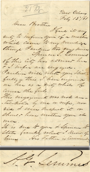 Letter Written to Paul Semmes by His Half Brother, A.G. Semmes Regarding the Marriage of His Son, Spencer Semmes Only Weeks After Louisiana Secedes