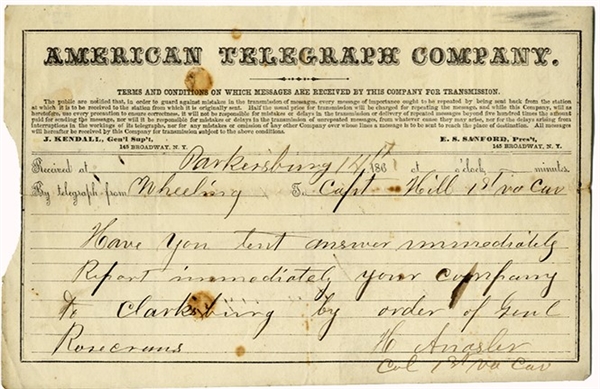 Battle Carnifax Ferry Campaign 1st (Loyal) Virginia Cavalry Telegram. 