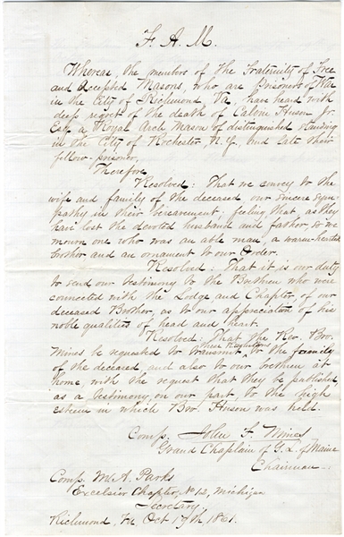 Rare Free Masons Resolutions for a Fellow Soldier By these Prisoners of War in Richmond