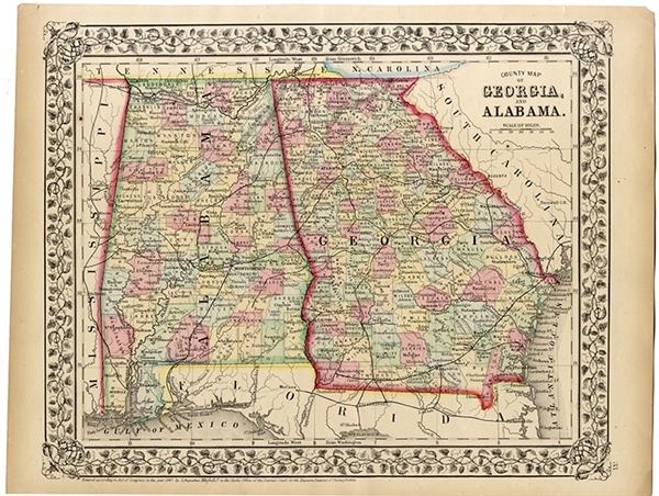 1867 Mitchell Map of Alabama & Georgia