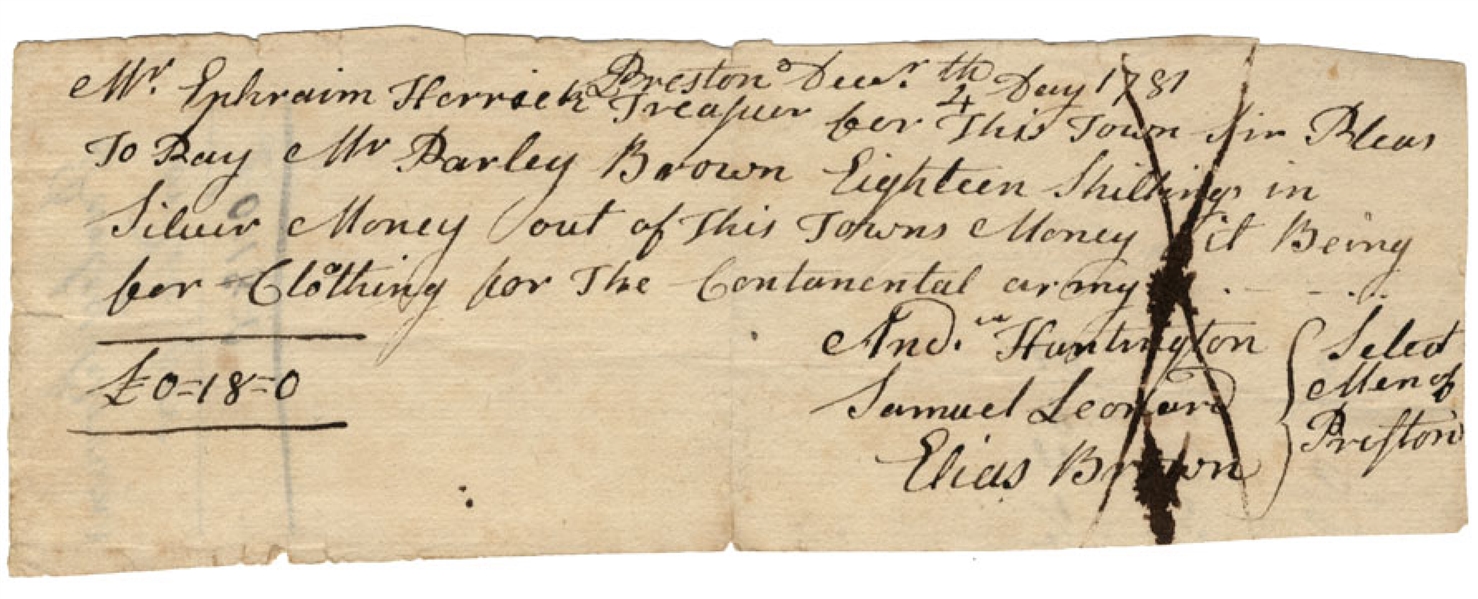 Town of Preston Manuscript Pay Order For Clothing For the Continental Army