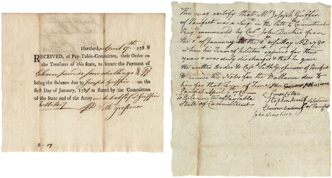 Revolutionary War Soldier's Payment Note Joseph Griffin