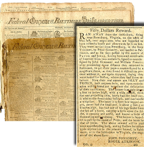 1796 Baltimore Newspapers With a total of SEVEN Slave Runaway Ads