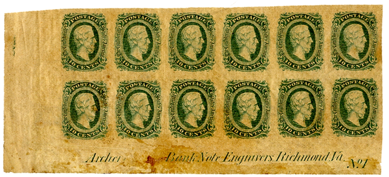 Rare Uncut Block of Jefferson Davis Ten-Cent CSA Stamps. 