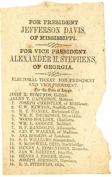 Jefferson Davis and Alexander Stephens Virginia Electoral Ticket. 