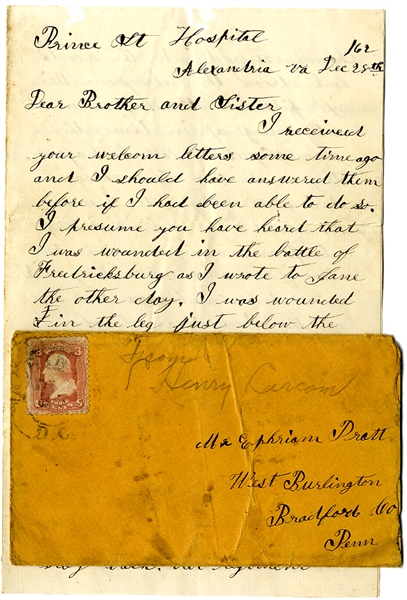 136th Pa. Infantry Battle Letter – December 28, 1862 Decribes His Wounds at Fredericksburg 