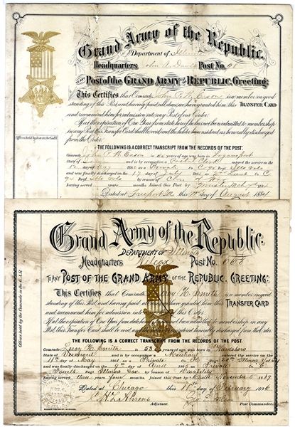 Pair of Illinois Grand Army of the Republic 1884 and 1896 Membership Certificates.