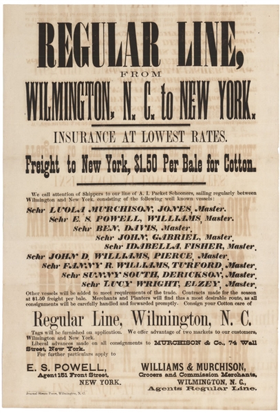 A Scarce Antebellum Shipping Broadside - Wilmington to NYC