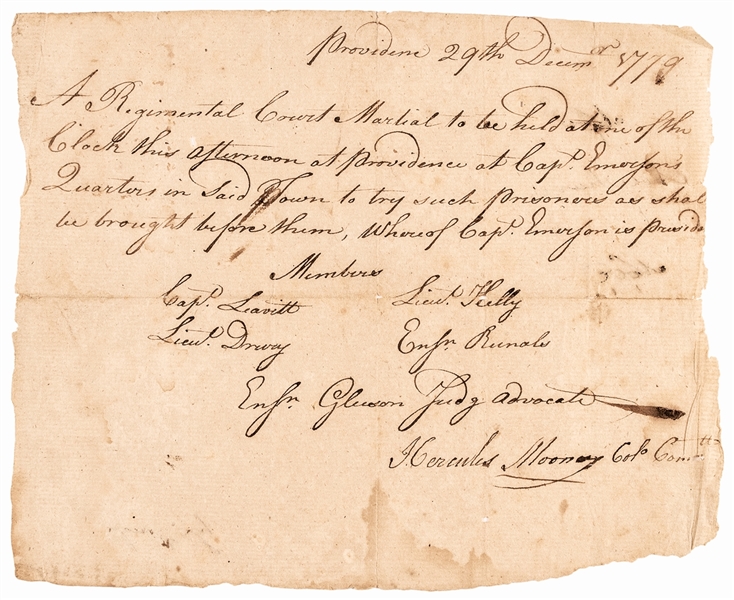 1779 Revolutionary War Regimental Court Martial to Hear Signed Hercules Mooney