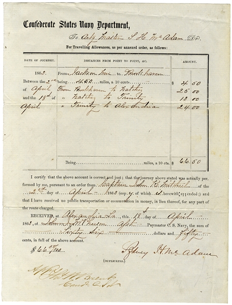 Confederate Navy Document Signed By Commander Brent