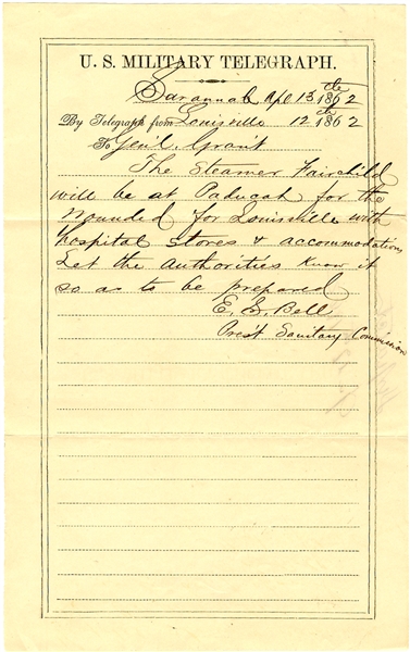 Telegram to General Grant Concerning The Wounded From The Battle of Shiloh