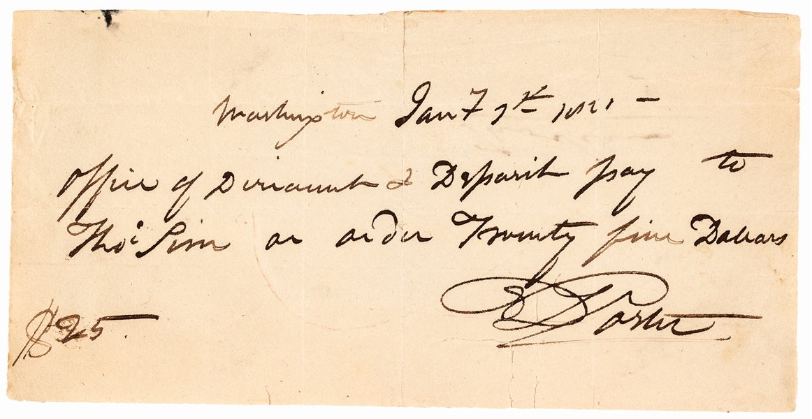 1821 Commodore DAVID PORTER boldly Signed Manuscript Pay Order